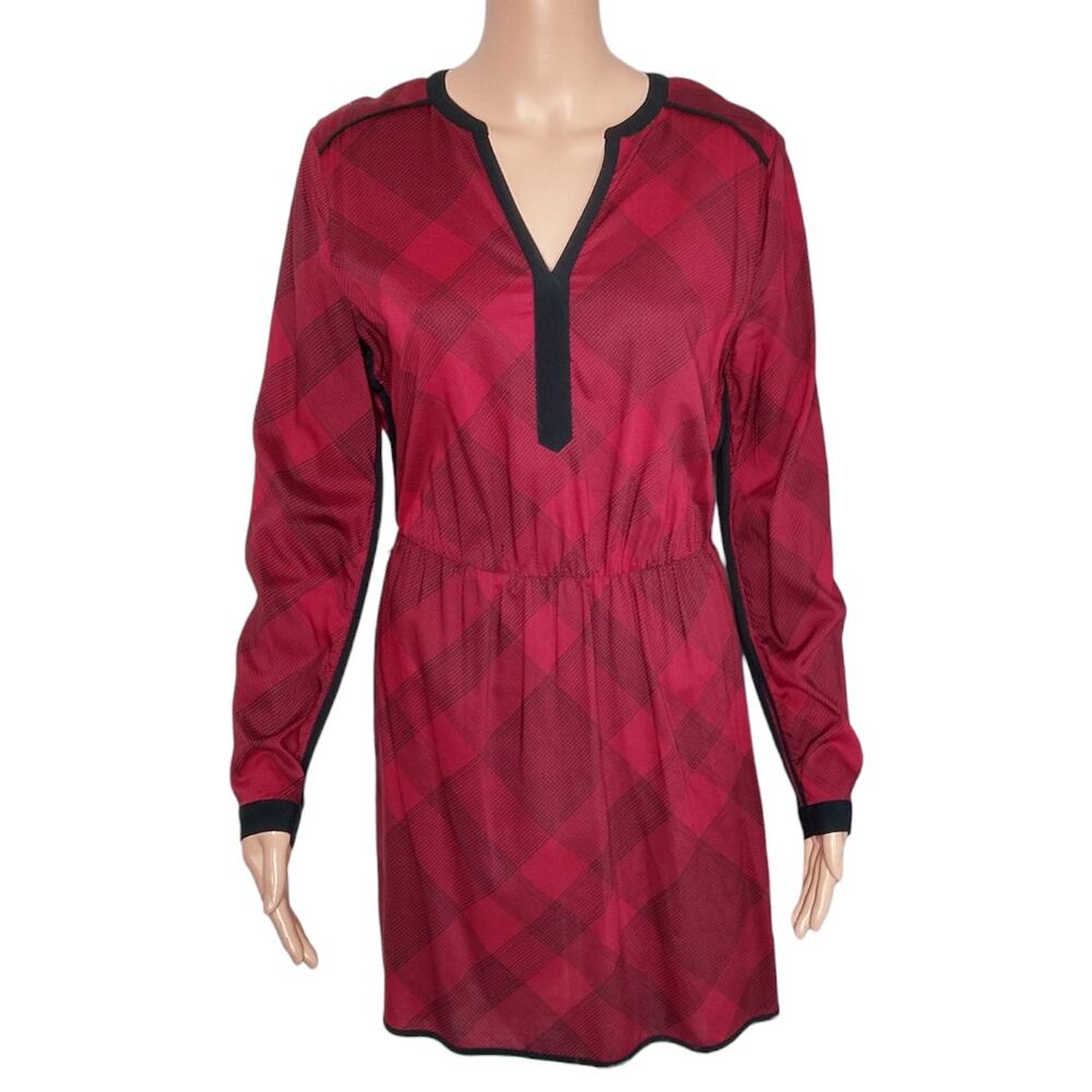 Banana Republic Plaid Dress 4 Red Black Tunic High Low Long Sleeve Rayon Mini